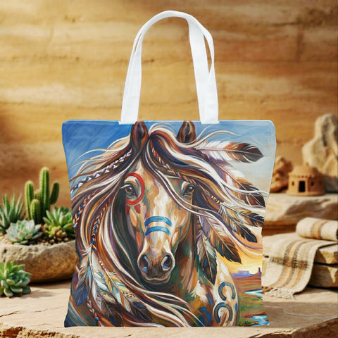 DS260429M07 Horse Native American Tote Canvas Bag