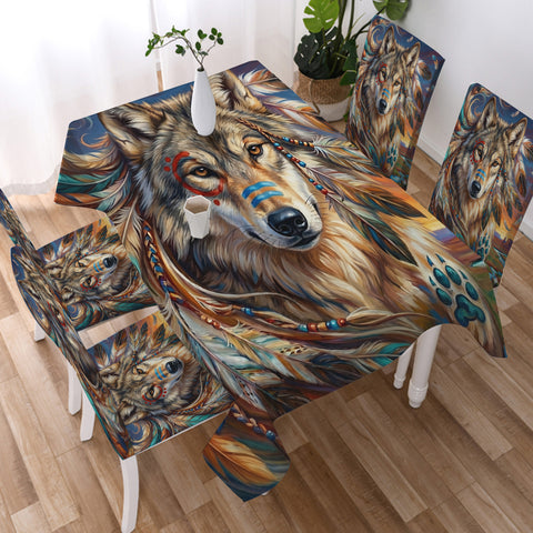 DS260429M08 Wolf Chief Native American 5pcs Dining Table Set - Tablecloth