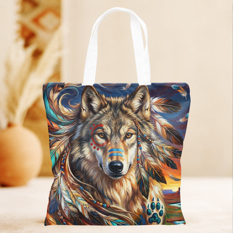 DS260429M08 Wolf Native American Tote Canvas Bag