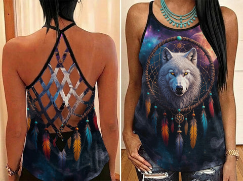 DS260505M03 Wolf Dreamcatcher Native American Criss-Cross Open Back Tank Top