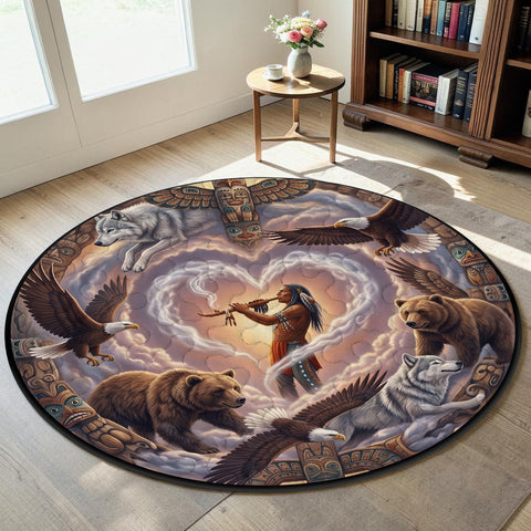 Chief and Animals Round Quilt Native American-Inspired Area Rug – DS260506M03