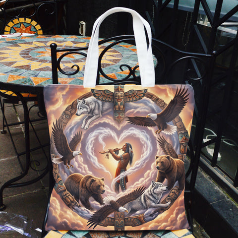 DS260506M03 Chief and Animals Native American Tote Canvas Bag