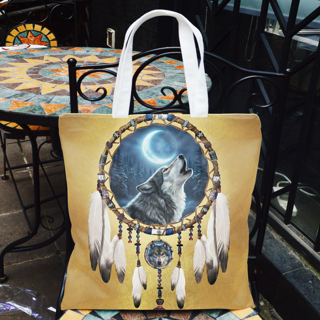 DS260506M05 Dreamcatcher Wolf Native American Tote Canvas Bag