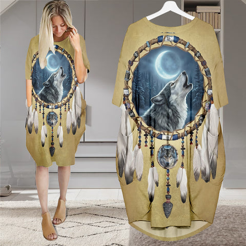 DS260506M05 Wolf Native American Batwing Pocket Dress