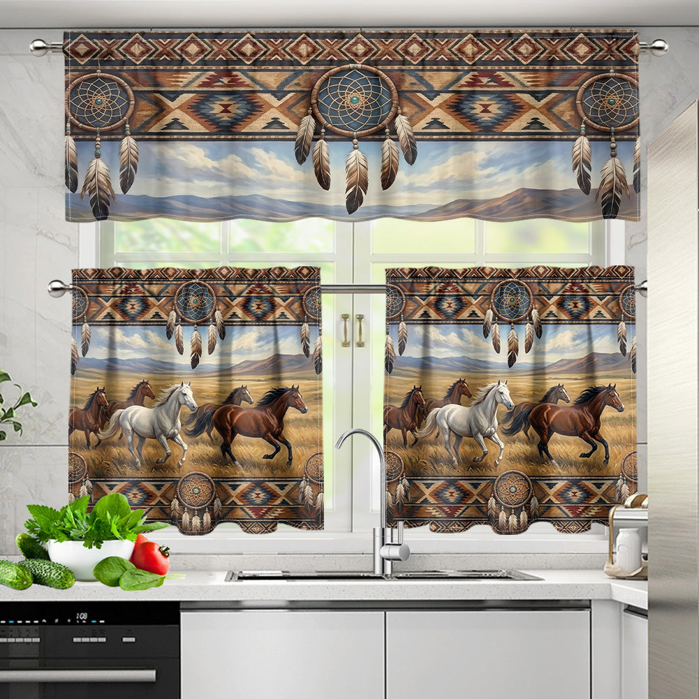 DS260508M02 Running Horses Native American Curtain Valance and Kitchen Tiers Set
