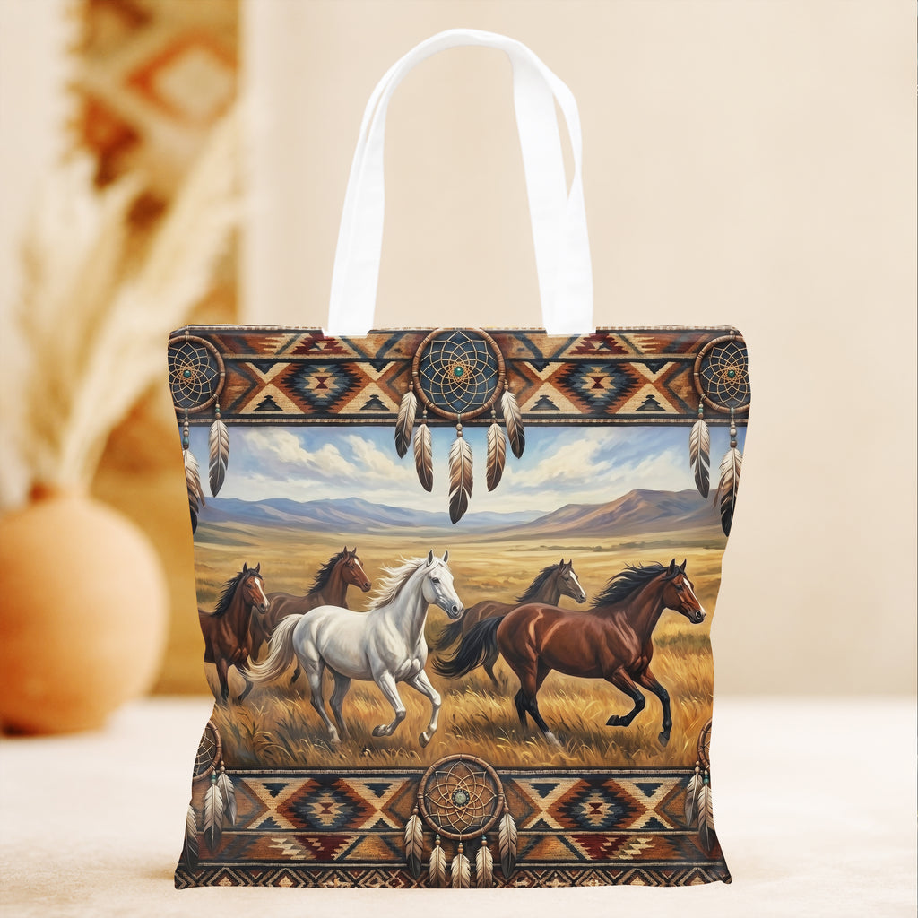 DS260508M02 Running Horses Native American Tote Canvas Bag