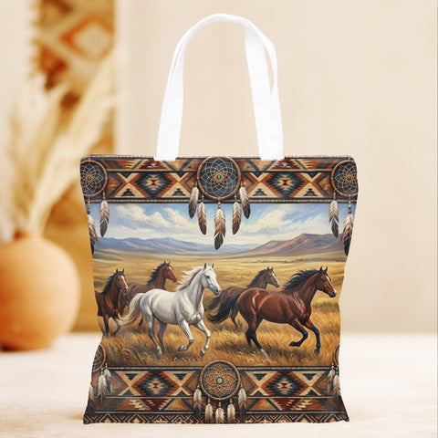DS260508M02 Running Horses Native American Tote Canvas Bag