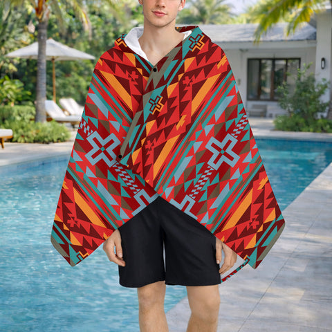 DS260519M02 Orange Pattern Native American Hooded Towel Poncho