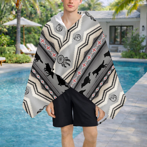 DS260519M04 Gray Wolf Native American Hooded Towel Poncho