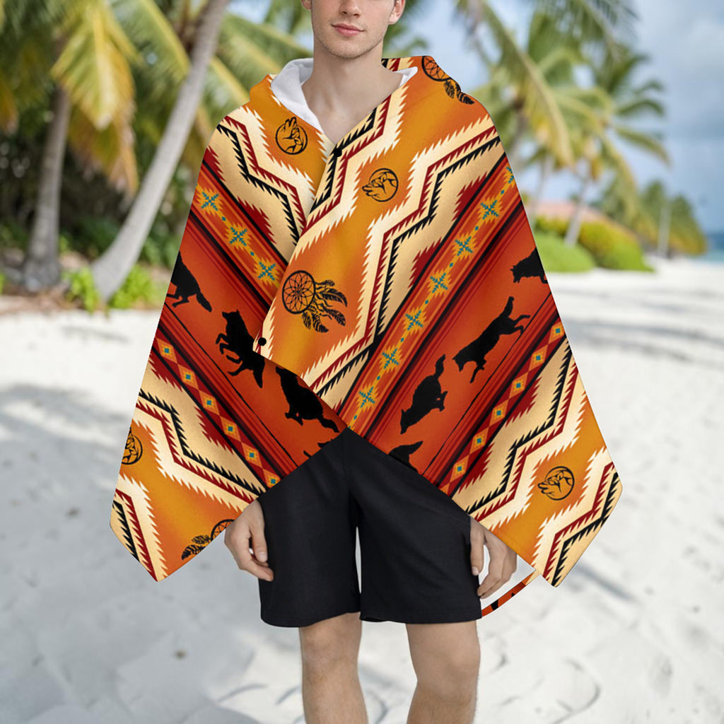 DS260519M05 Orange Wolf Native American Hooded Towel Poncho