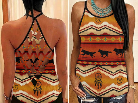 DS260519M05 Running Wolf Native American Criss-Cross Open Back Tank Top