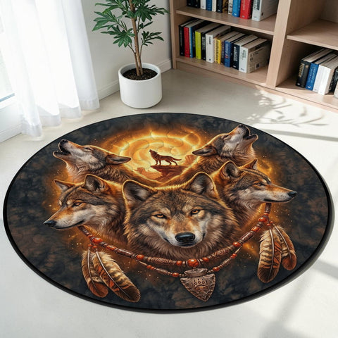 Wolf Fire Round Quilt Native American-Inspired Area Rug – DS260602M01