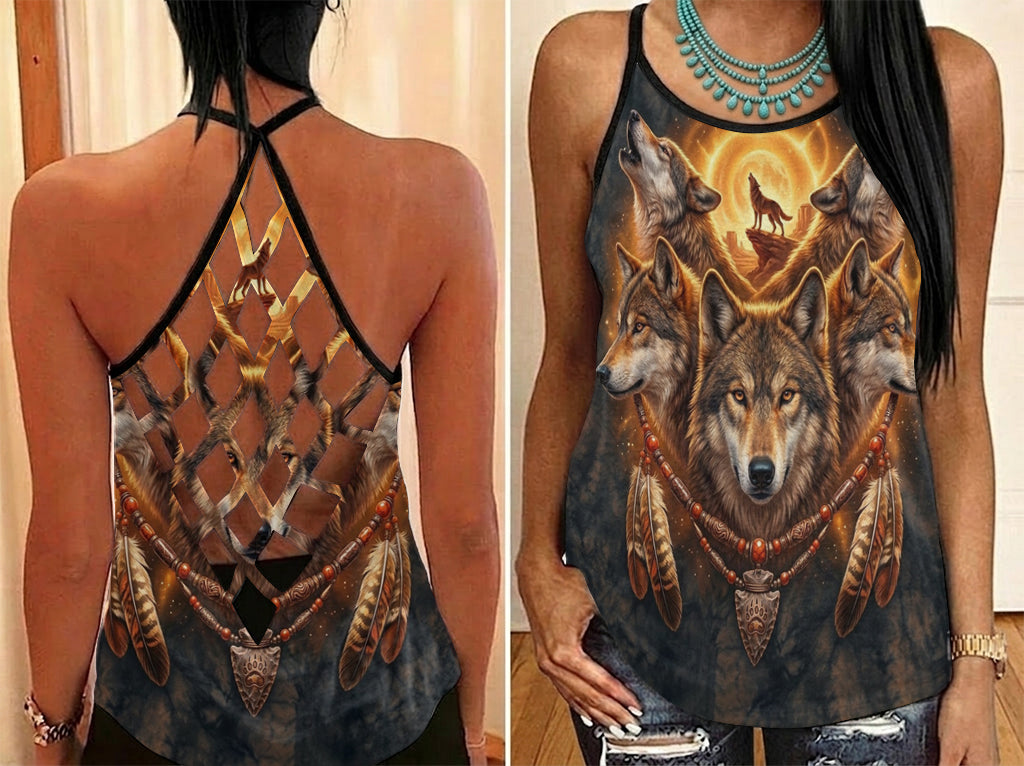 DS260602M01 Wolves Dreamcatcher Native American Criss-Cross Open Back Tank Top