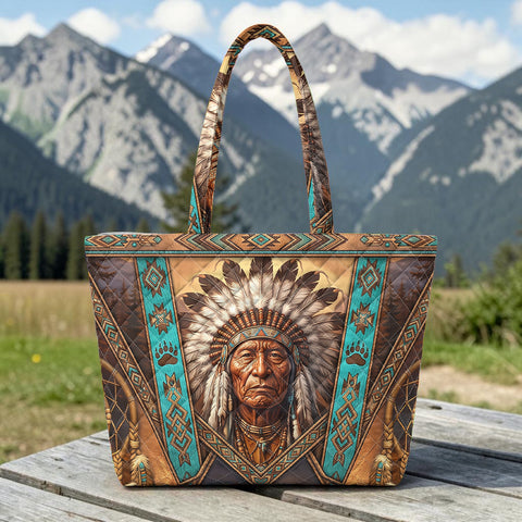 DS260710M10 Chief Native American Quilted Shoulder Tote Bag
