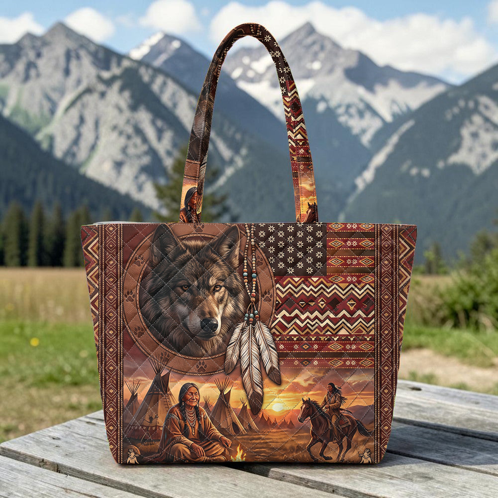 DS260710M13 Chief and Wolf Native American Quilted Shoulder Tote Bag