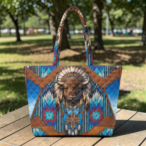 DS260710M14 Bison Chief Native American Quilted Shoulder Tote Bag
