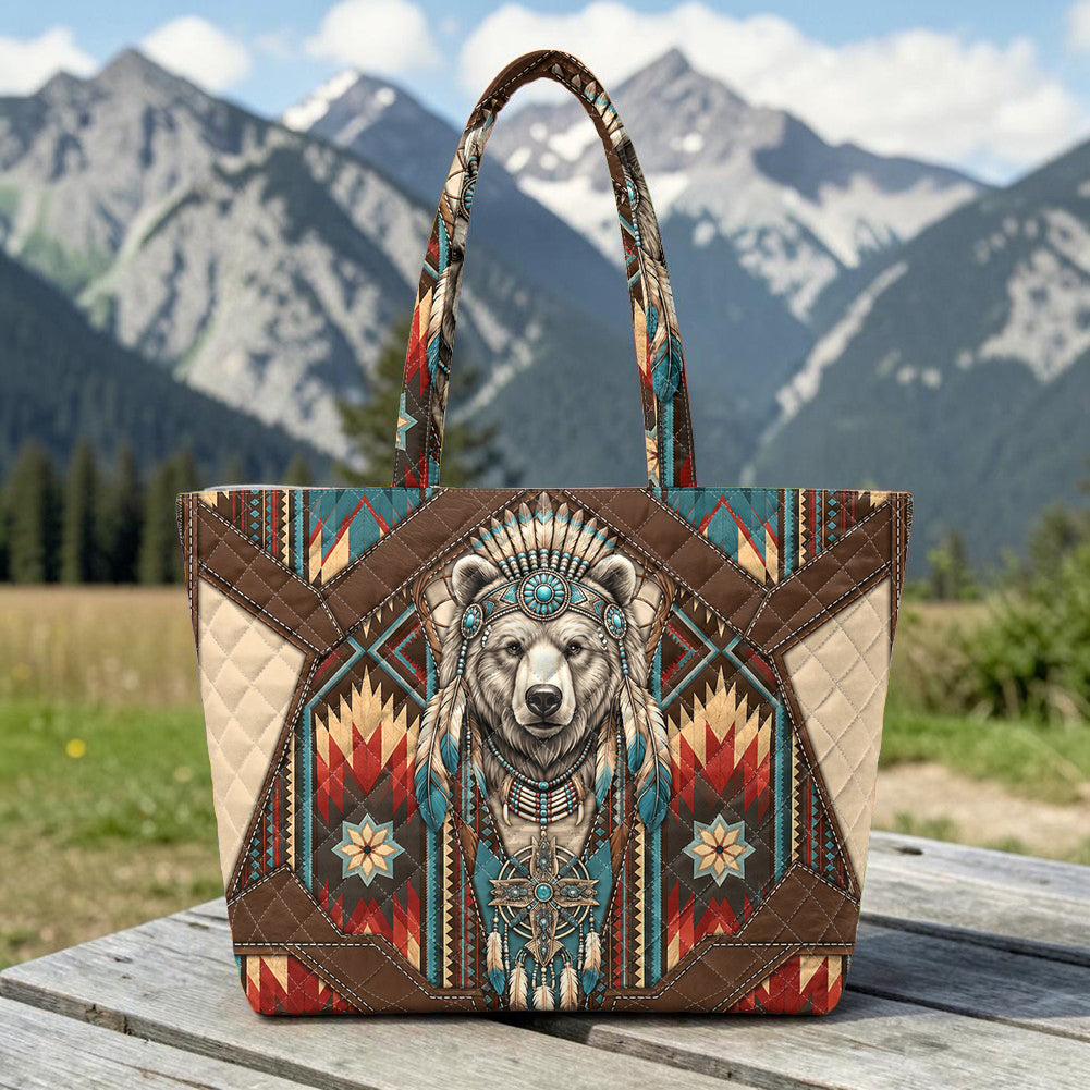 DS260710M15 Bear Chief Native American Quilted Shoulder Tote Bag
