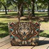 DS260713M02 Chief and Wolf Native American Quilted Shoulder Tote Bag