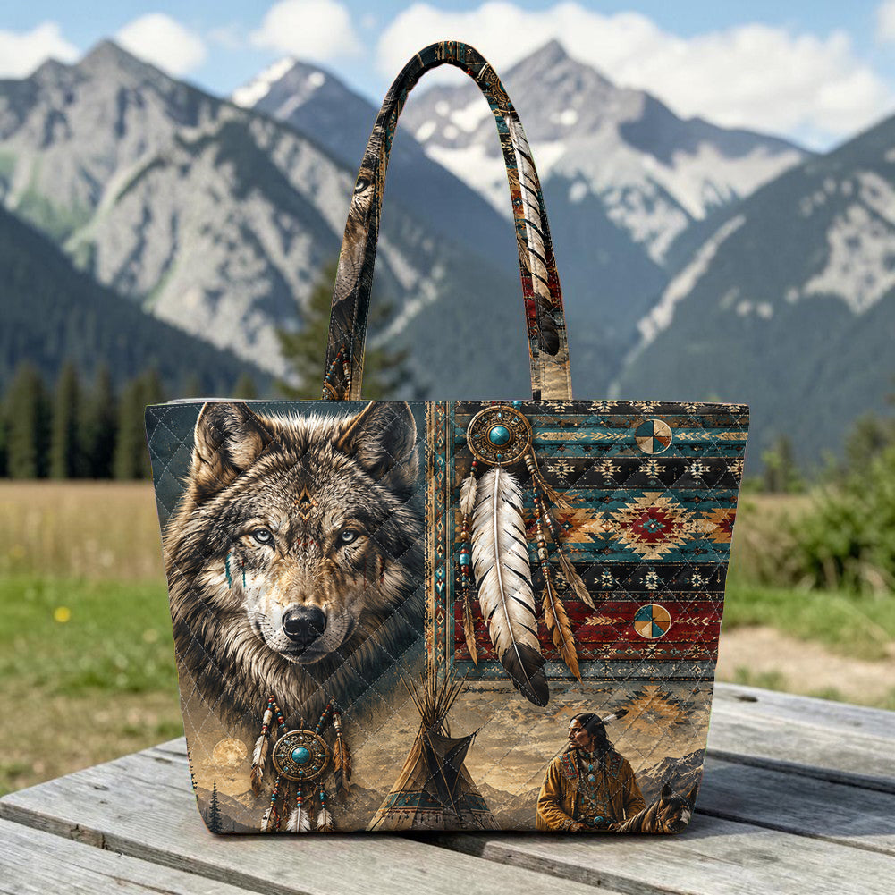 DS260713M03 Chief and Wolf Native American Quilted Shoulder Tote Bag