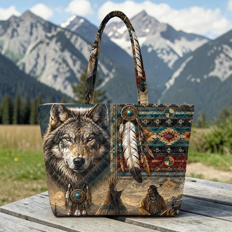 DS260713M03 Chief and Wolf Native American Quilted Shoulder Tote Bag