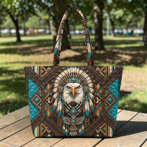 DS260713M05 Eagle Chief Native American Quilted Shoulder Tote Bag