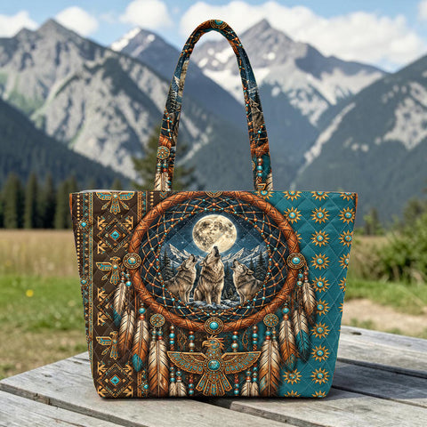 DS260713M06 Dreamcatcher Wolf Native American Quilted Shoulder Tote Bag