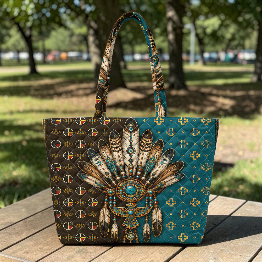 DS260713M07 Feather Native American Quilted Shoulder Tote Bag