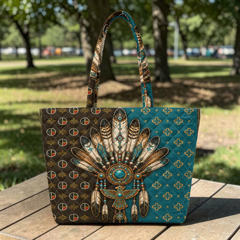 DS260713M07 Feather Native American Quilted Shoulder Tote Bag