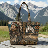 DS260713M08 Chief and Wolf Native American Quilted Shoulder Tote Bag