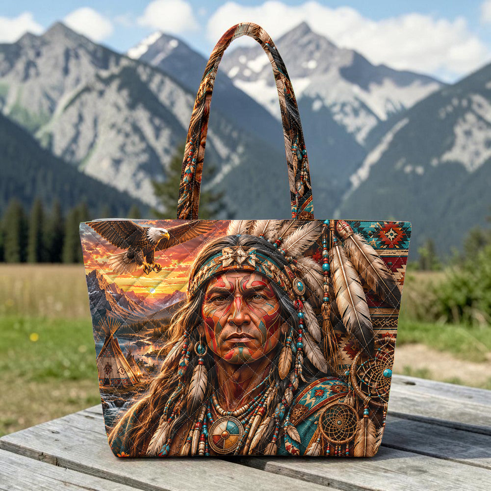DS260714M01 Chief and Eagle Native American Quilted Shoulder Tote Bag