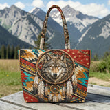 DS260714M02 Dreamcatcher Wolf Native American Quilted Shoulder Tote Bag