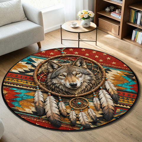 Wolf Dreamcatcher Round Quilt Native American-Inspired Area Rug – DS260714M02