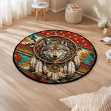 DS260714M02 Wolf Dreamcatcher Native American Round Quilt Rug