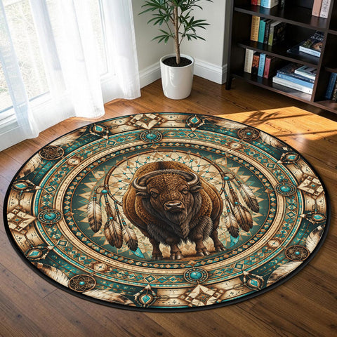 Bison Dreamcatcher Round Quilt Native American-Inspired Area Rug – DS260722M03