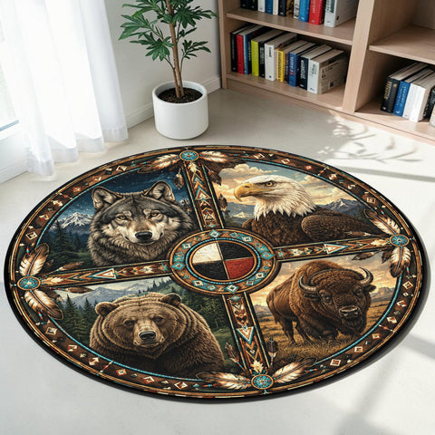 Medicine Wheel Animals Round Quilt Native American-Inspired Area Rug – DS260722M04