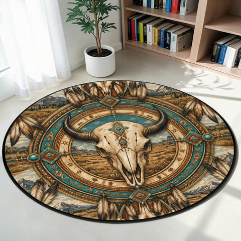 Bison Skull Round Quilt Native American-Inspired Area Rug – DS260722M07V2