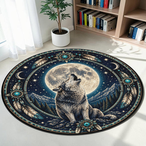 Wolf and Moon Round Quilt Native American-Inspired Area Rug – DS260722M08