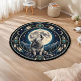 DS260722M08 Wolf and Moon Native American Round Quilt Rug