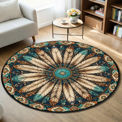 Feather Mandala Round Quilt Native American-Inspired Area Rug – DS260722M09