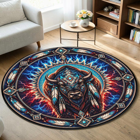Bison Fire Round Quilt Native American-Inspired Area Rug – DS260722M14