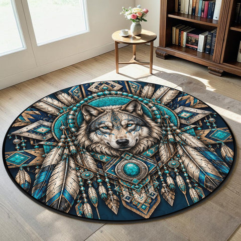 Sacred Wolf Totem Native American Round Quilt Rug DS260724M06