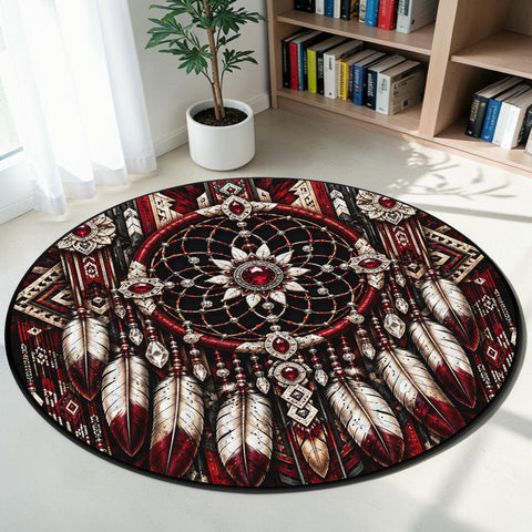 Red Dreamcatcher Round Quilt Native American-Inspired Area Rug – DS260724M07