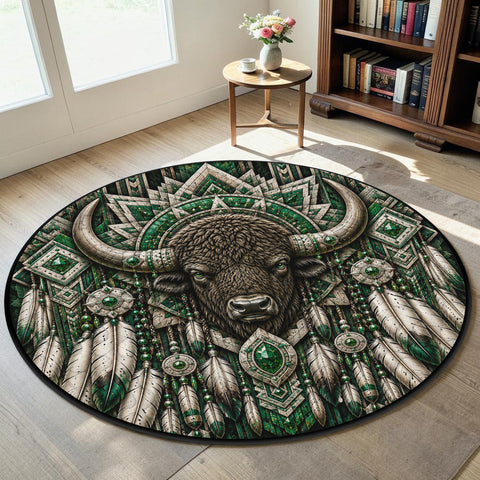 Sacred Bison Feather Round Quilt Native American-Inspired Area Rug – DS260724M08