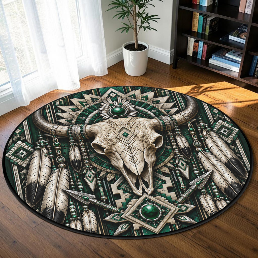 Green Bison Skull Native American Round Quilt Rug DS260724M10