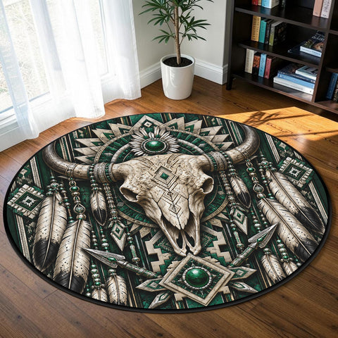 Green Bison Skull Round Quilt Native American-Inspired Area Rug – DS260724M10