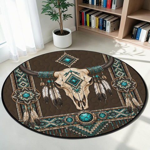 Tribal Bison Skull Round Quilt Native American-Inspired Area Rug – DS260724M12