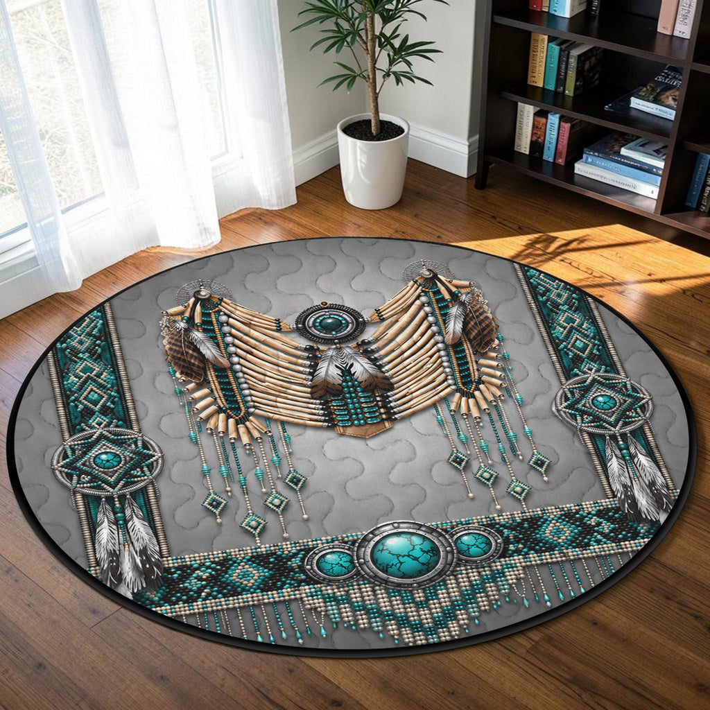 Gray Tribal Pattern Native American Round Quilt Rug DS260724M13