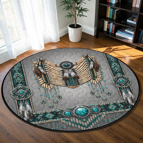 Gray Tribal Pattern Round Quilt Native American-Inspired Area Rug – DS260724M13
