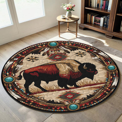 Tribal Bison Round Quilt Native American-Inspired Area Rug – DS260724M16