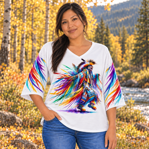Dancer Powwow Native American-Inspired Women's V-Neck 3-Quarter Sleeve Top DS250428M03
